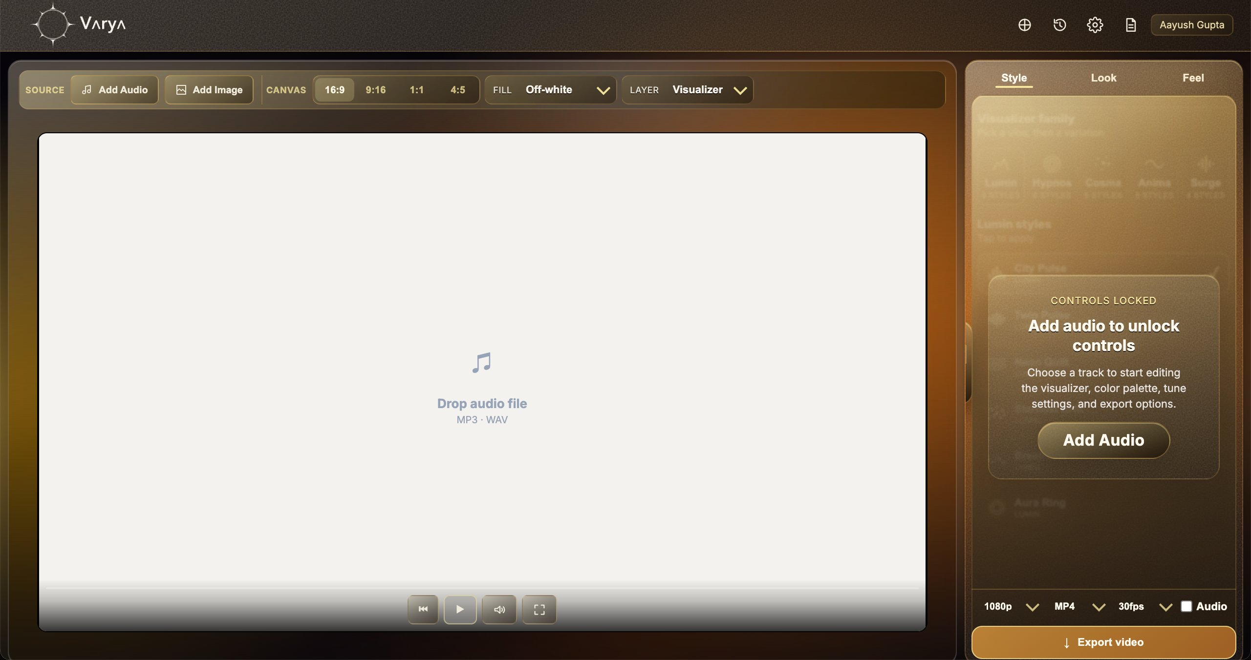 Varya workspace showing the visualizer canvas and controls