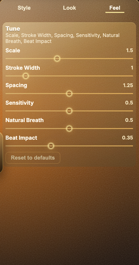 Varya Feel tab showing scale, stroke width, spacing, sensitivity, natural breath, and beat impact