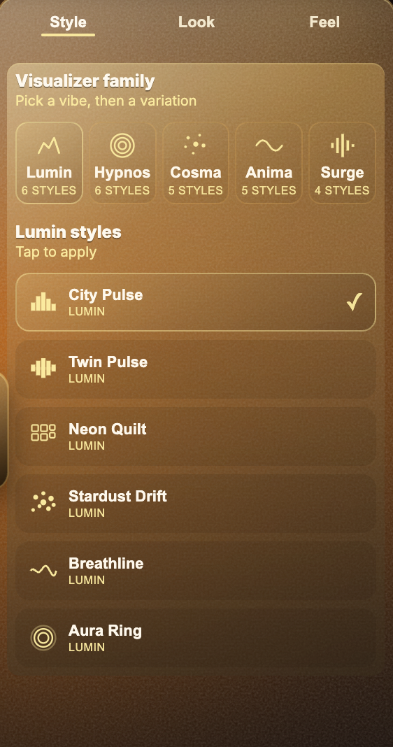 Varya Style tab showing visualizer families and style choices